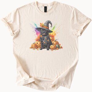 Pug Witch Halloween Shirt Cute Black Dog with Pumpkins and Fall Leaves Art